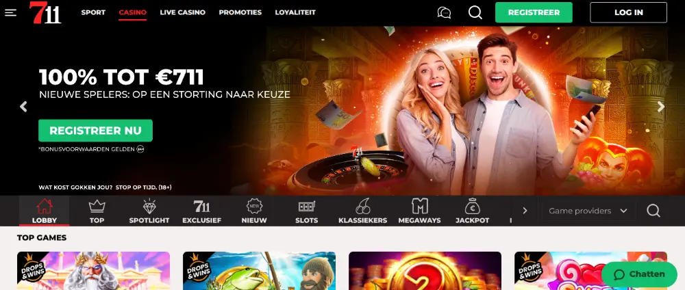 Visuel  de la page d'accueil du casino 711.nl 