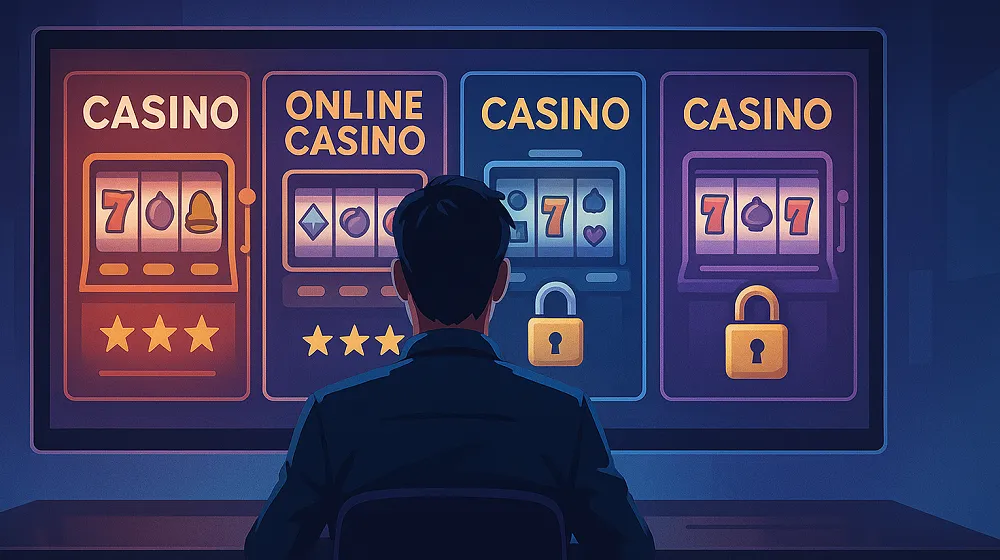 Homme observant un écran comparatif de casino en ligne avec notes, étoiles et symboles de sécurité visibles