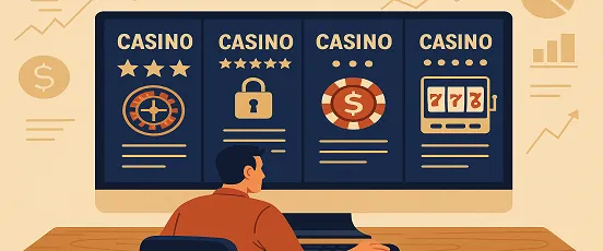 Homme comparant plusieurs casinos en ligne sur ordinateur avec notes, étoiles et symboles de sécurité visibles