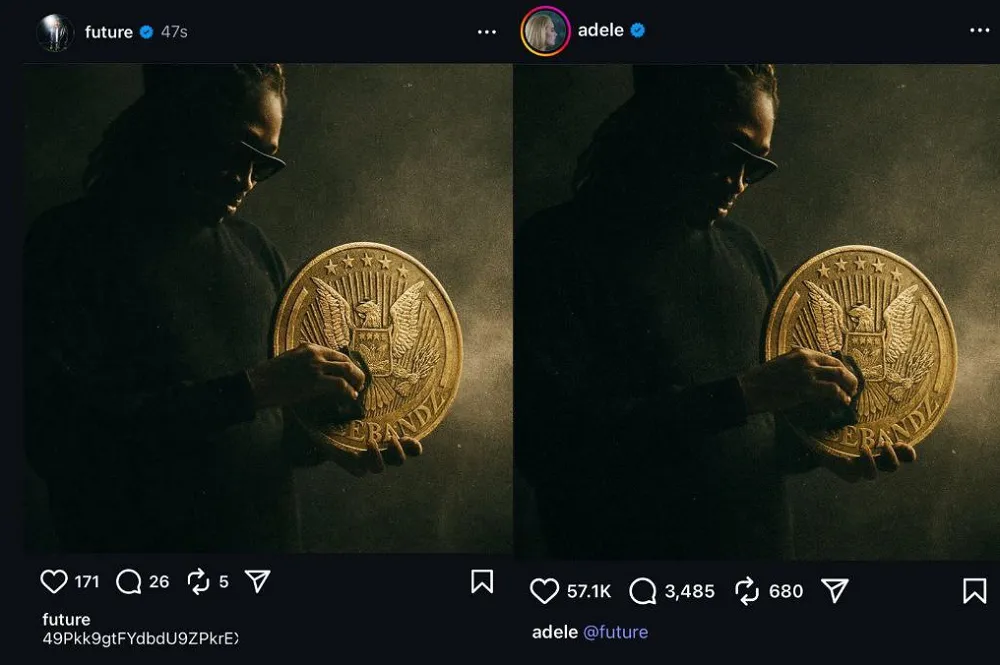 Capture d’écran d’Instagram montrant une publication piratée de célébrités avec une pièce géante utilisée pour une arnaque cryptomonnaies