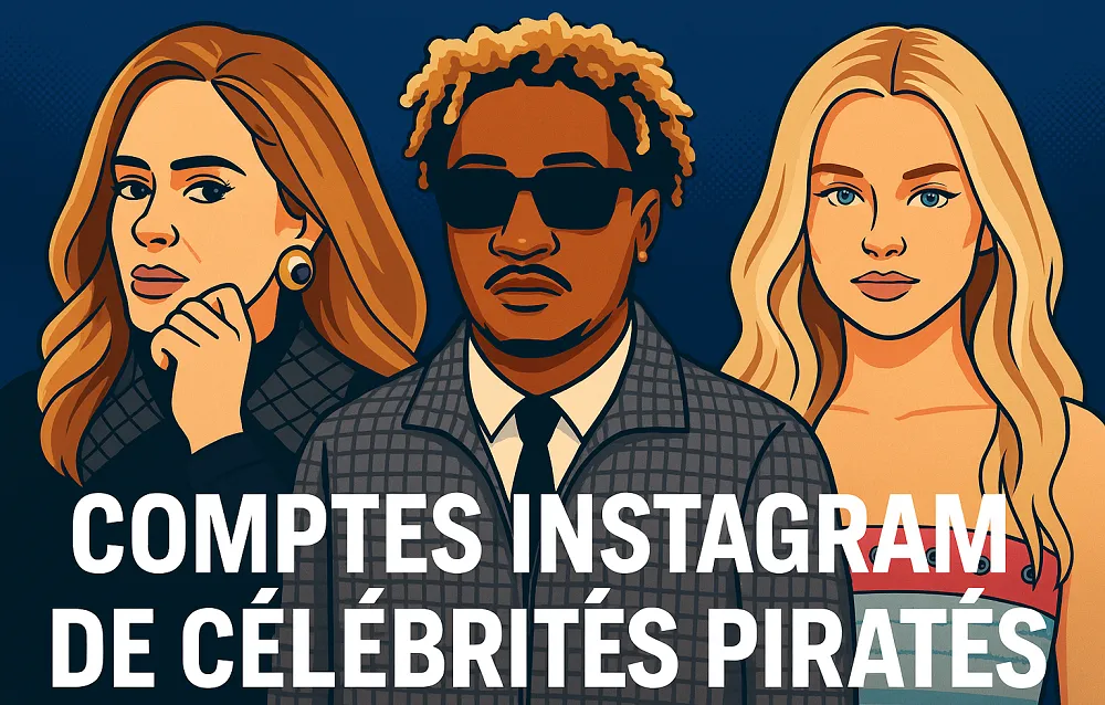 Illustration moderne d’Adele, Future et Zara Larsson avec le texte « comptes Instagram de célébrités piratés » lié à une arnaque cryptomonnaies