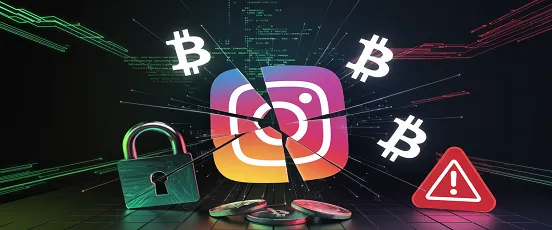 Logo Instagram brisé avec symboles Bitcoin, cadenas et alerte rouge, illustrant une arnaque cryptomonnaies sur les réseaux sociaux