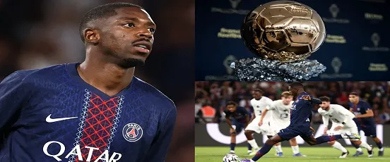 Ousmane Dembélé avec le PSG illustré aux côtés du trophée Ballon d’Or 2025