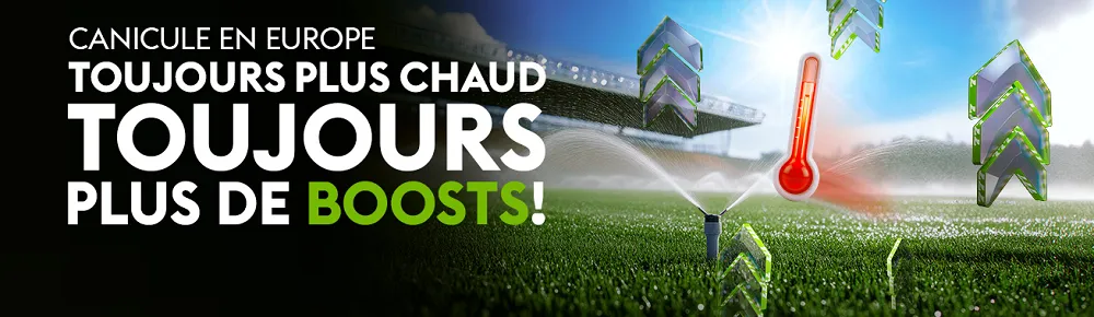 Canicule en Europe : plus il fait chaud, plus vos Bet Boosts augmentent avec Bet777, visuel thermomètre sur terrain de football