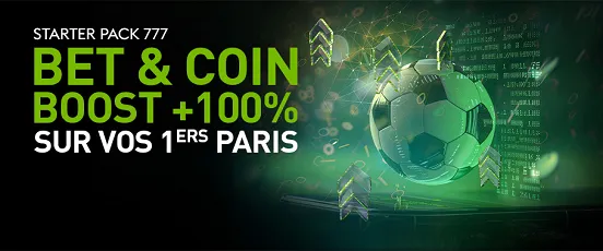 Offre Bet777 avec Bet & Coin Boost de 100 % sur les premiers paris en ligne, visuel football et flèches vertes