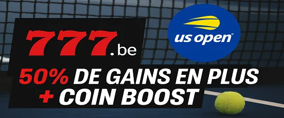Bet777 promotions US Open avec logo officiel, balle de tennis et offre spéciale 50% de gains en plus et Coin Boost