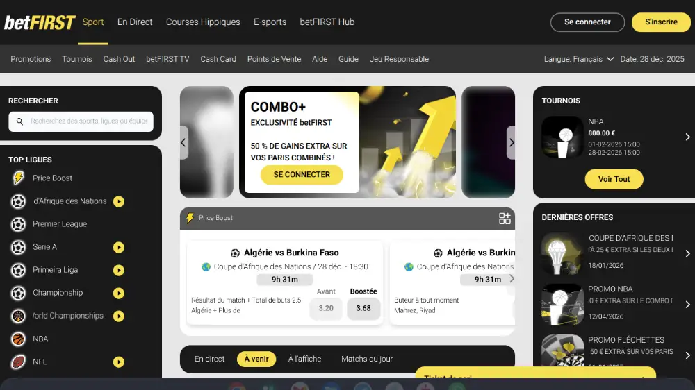 Visuel de la page d'accueil du site de paris sportifs belge betFIRST