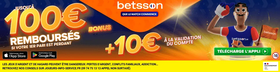 Offre Betsson jusqu’à 100€ remboursés sur le premier pari et bonus de 10€