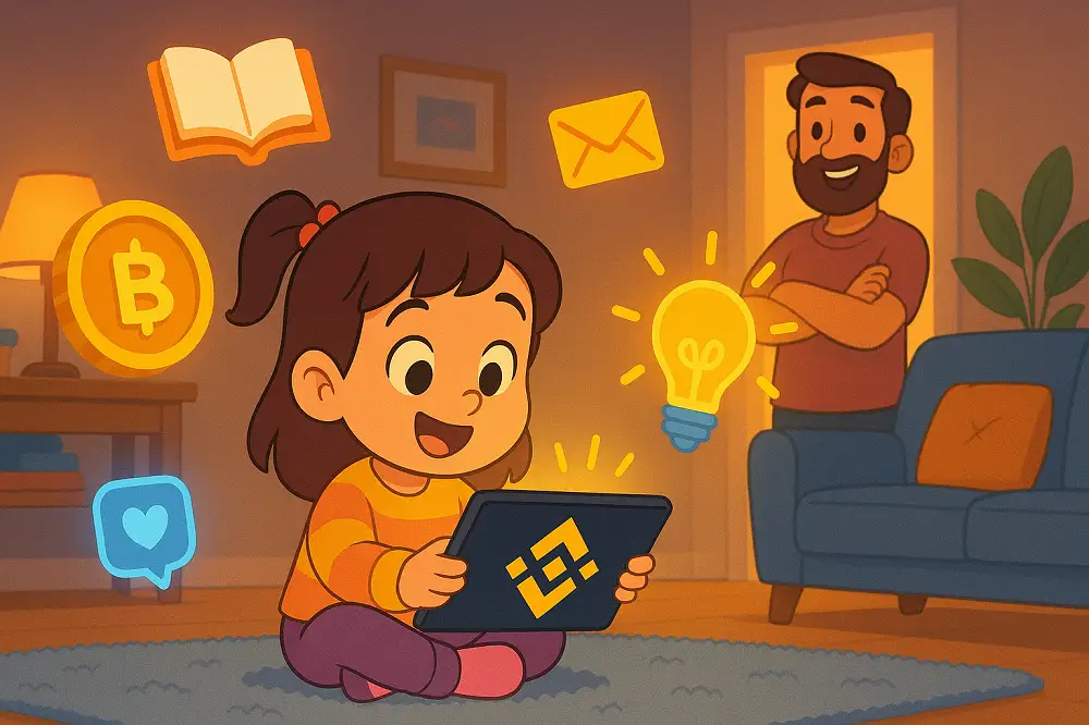 Petite fille découvrant Binance Junior sur une tablette, entourée d’icônes crypto flottantes, sous le regard bienveillant de son père