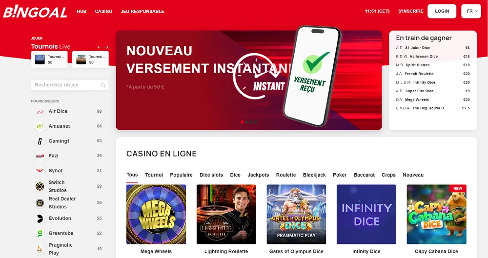 Accueil du site Bingoal Casino avec menu de jeux, fournisseurs et promotions, incluant Mega Wheels et Lightning Roulette