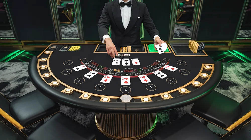 Croupier de casino en ligne distribuant des cartes de blackjack sur une table élégante noire et dorée