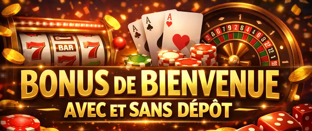 Bannière casino avec bonus de bienvenue avec et sans dépôt, roulette, machines à sous, jetons et dés
