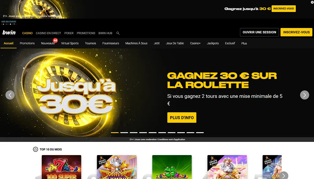 Page d'accueil du casino belge Bwin.be