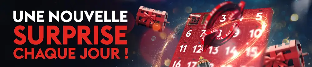 Calendrier de l’Avent au casino en ligne avec cases numérotées, effets lumineux festifs et promesse d’une nouvelle surprise chaque jour