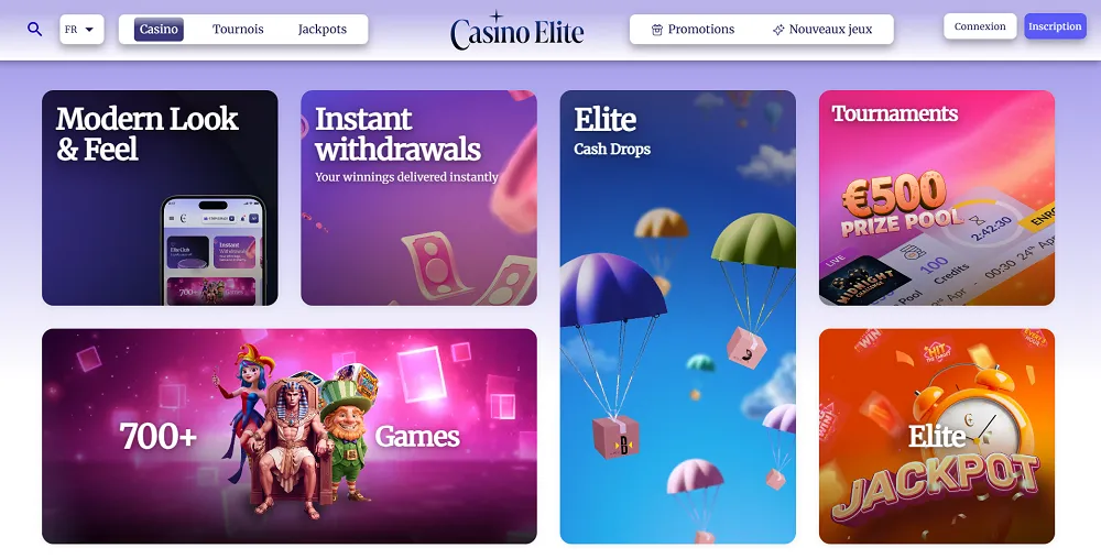 Page d’accueil du site Casino Elite affichant les jackpots, jeux populaires et catégories de jeux de casino en ligne