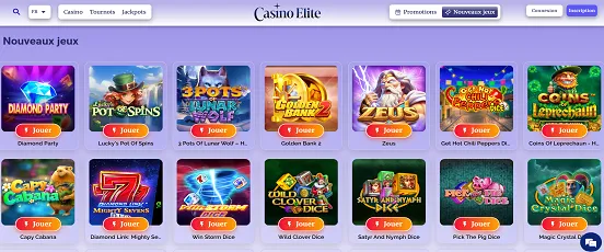 Nouveaux jeux disponibles sur Casino Elite avec machines à sous, dés et jackpots en ligne dans un lobby moderne et coloré