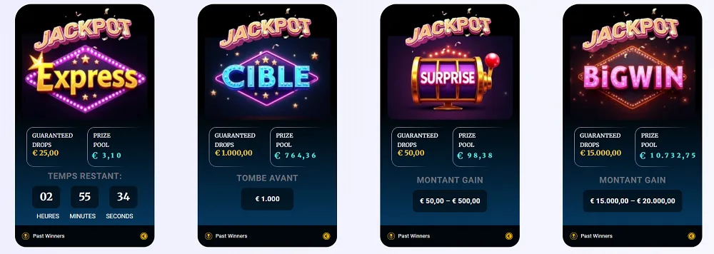 Jackpots de Casino Elite avec Express, Cible, Surprise et Big Win offrant des gains garantis