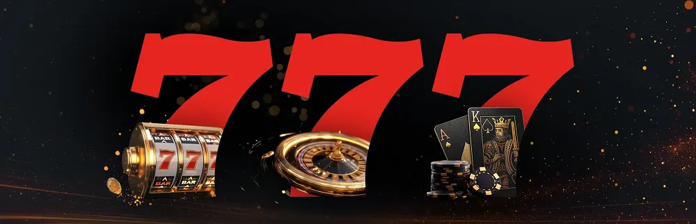 Visuel Casino777 avec machine à sous, roulette et cartes de poker illustrant les jeux de casino en ligne