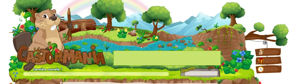 Castormania décor nature avec castor mascotte, forêt et rivière en fond