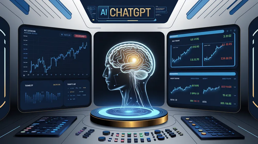 Illustration futuriste de ChatGPT analysant des données financières et actions IA avec graphiques boursiers et interface crypto immersive