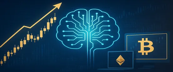 Illustration d’investissements avec actions IA, graphique boursier en hausse et symboles Bitcoin et Ethereum pour représenter finance et crypto