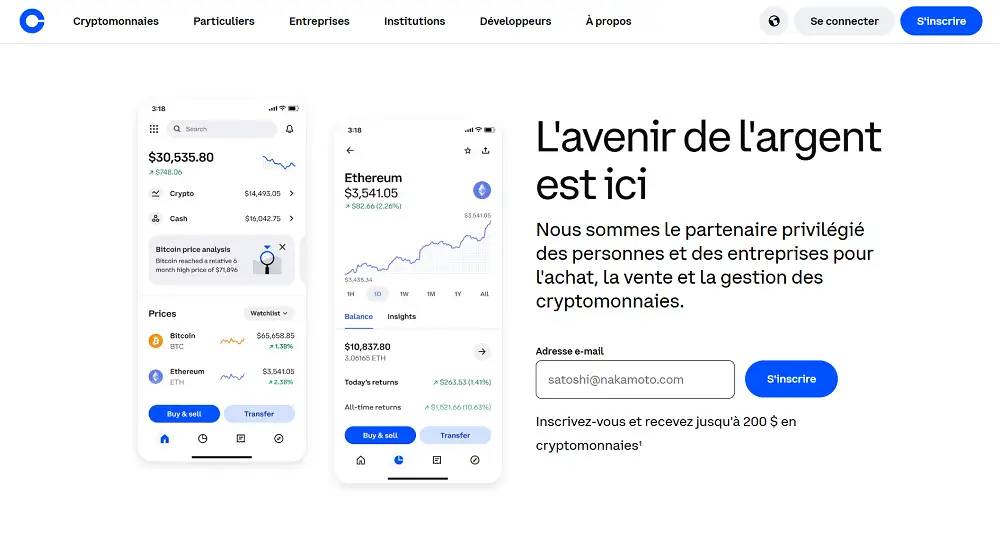 Visuel de la page d'accueil de Coinbase
