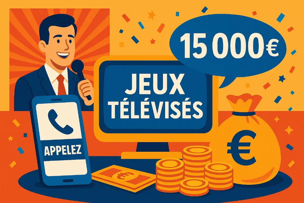 Illustration colorée d’un animateur de jeux télévisés avec smartphone, pièces et billets d’euros symbolisant les gains possibles