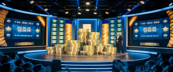 Plateau lumineux d’un jeu télévisé avec animateur et piles d’euros, illustrant les gains et revenus générés par les jeux télévisés
