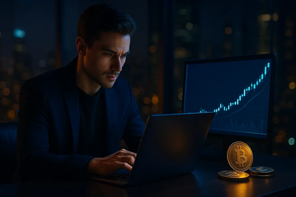 Investisseur crypto concentré devant laptop, skyline, courbe haussière, pièces BTC et ETH, lumière néon