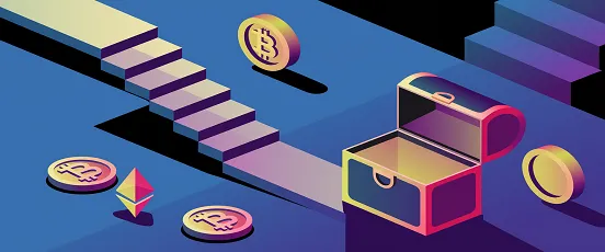 Illustration isométrique d’un escalier de pièces vers un coffre, jetons BTC et ETH, palette bleu et or