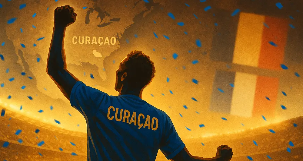 Joueur de Curaçao célébrant sous des confettis bleus devant un stade et les drapeaux floutés