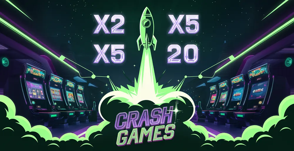 Crash Games illustrés par une fusée et des multiplicateurs x2, x5, x20 dans un casino en ligne