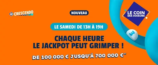 Bannière promotionnelle du jeu de tirage Crescendo FDJ, annonçant un jackpot progressif chaque samedi