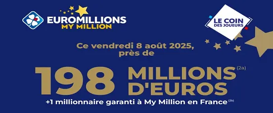 Jackpot EuroMillions du 8 août 2025 avec 198 millions d'euros en jeu et 1 millionnaire garanti en France via My Million