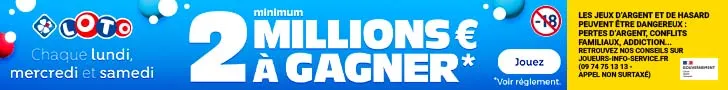 Bannière promotionnelle Lotto annonçant 2 millions d’euros minimum à gagner avec tirages chaque lundi, mercredi et samedi