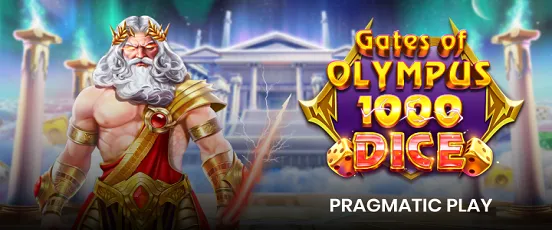Visuel du jeu Gates of Olympus 1000 Dice de Pragmatic Play présenté sur Oria Casino avec Zeus et son temple mythologique