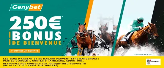 Genybet Turf propose un bonus de bienvenue de 250€ avec des courses de chevaux en ligne et paris hippiques sécurisés