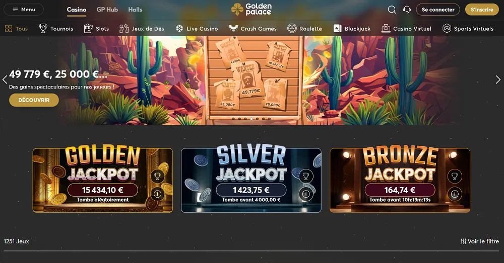 Page d’accueil du Golden Palace Casino en ligne avec jackpots or, argent et bronze et gains spectaculaires affichés
