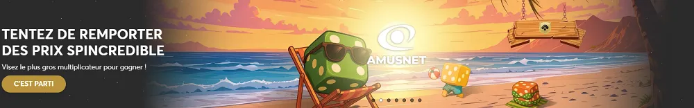 Bannière du tournoi Spincredible sur Golden Palace Casino avec dés animés sur la plage et logo Amusnet au coucher du soleil