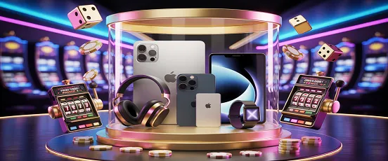 Vitrine de cadeaux high-tech à gagner sur Golden Palace Casino, avec smartphone, casque audio, tablette et machines à sous en arrière-plan