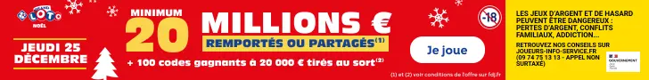 Bannière du Grand LOTO de Noël du 25 décembre 2025 annonçant 20 millions d’euros et 100 codes gagnants FDJ