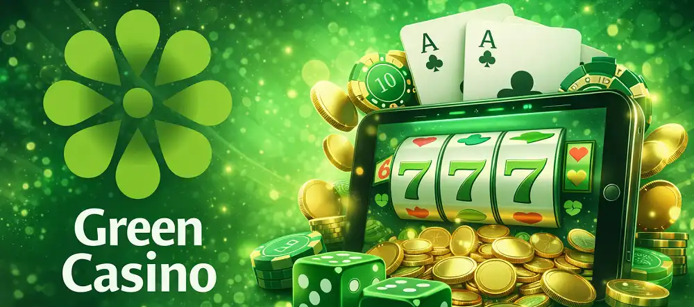 Bannière Green Casino avec logo vert, machine à sous, dés, cartes et jetons