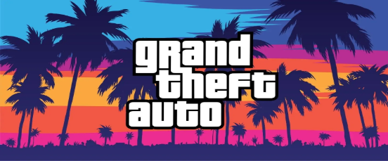 Logo emblématique de GTA 6 sur fond coloré de palmiers et coucher de soleil rappelant Vice City