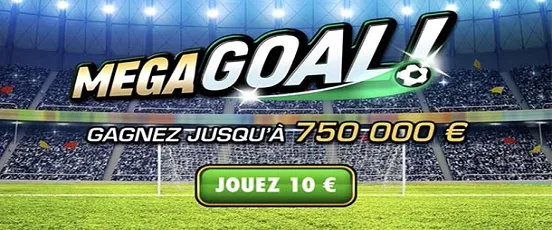 Image promotionnelle du jeu Illiko Mega Goal avec un gain potentiel jusqu’à 750 000 € et un ticket à gratter à 10 €