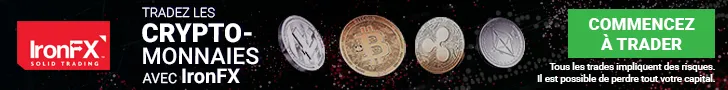 Bannière IronFX invitant à trader les cryptomonnaies avec mise en garde sur les risques de perte en capital