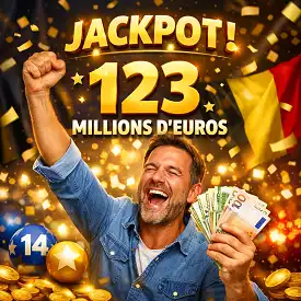 Joueur belge heureux célébrant un jackpot EuroMillions de 123 millions d’euros aux couleurs discrètes de la Belgique