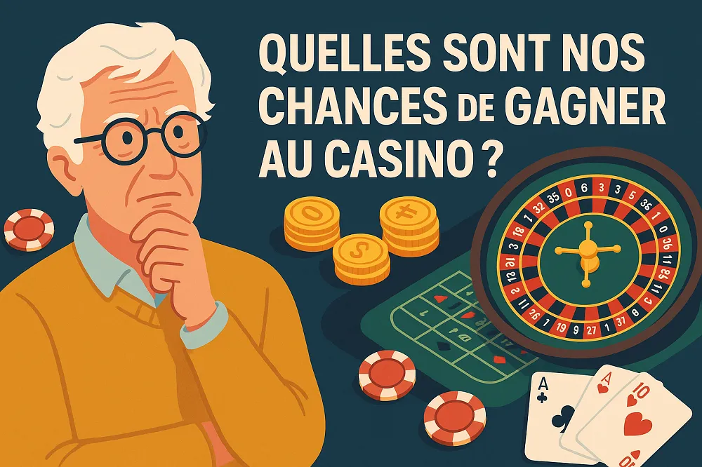 Illustrationd’un homme pensif devant une roulette de casino avec jetons et cartes, illustrant les chances de gagner au casino