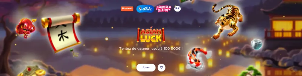 Visuel du jeu Illiko Asian Luck de la FDJ montrant un décor asiatique avec tigre, lanternes et gains jusqu’à 100 000 euros