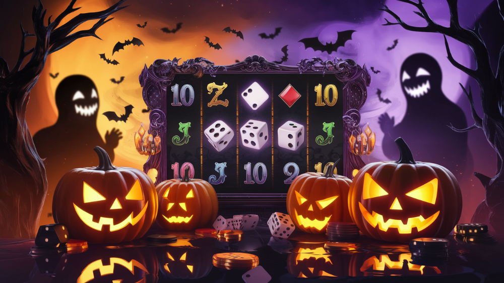 Illustration de jeux Halloween sur les casinos avec citrouilles lumineuses, dés, jetons et machine à sous hantée dans une ambiance nocturne effrayante