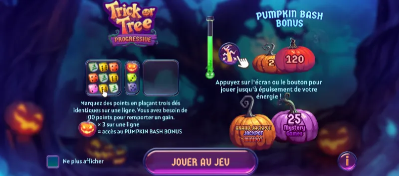 Capture d’écran du jeu Halloween Trick or Tree Progressive avec bonus Pumpkin Bash et citrouilles de gains sur un fond de casino effrayant
